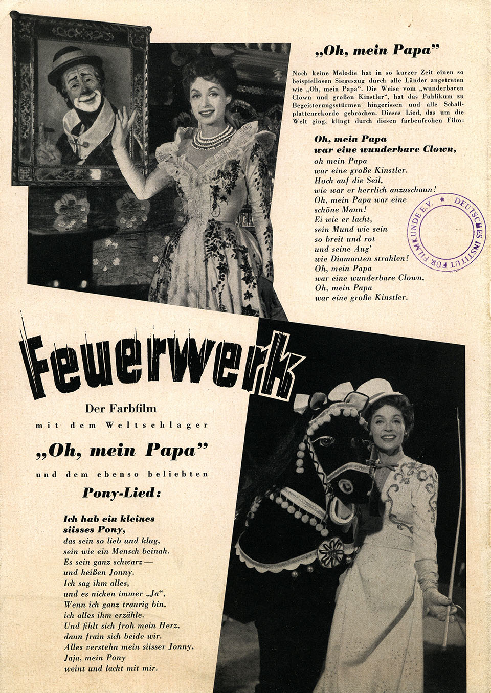 Werbeanzeige für “Feuerwerk” mit Liedtext “Oh mein Papa” Werbeanzeige für “Feuerwerk” mit Liedtext “Oh mein Papa”