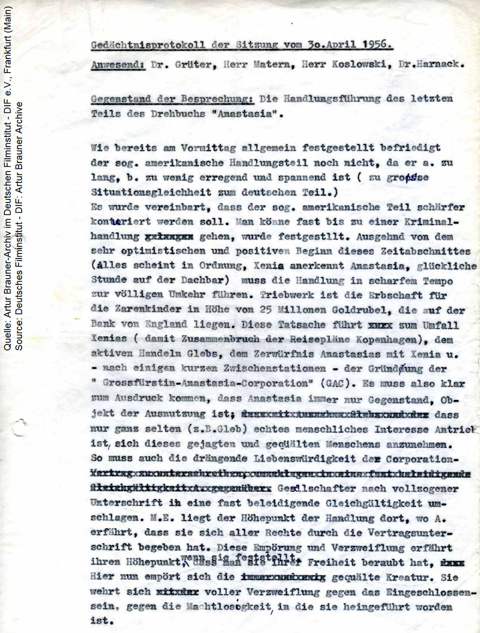Gedächtnisprotokoll, mit handschriftlichen Kommentaren von Artur Brauner Gedächtnisprotokoll, mit handschriftlichen Kommentaren von Artur Brauner